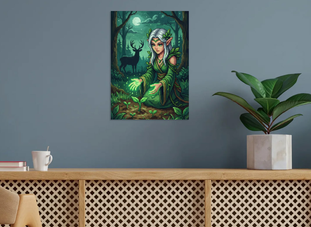 Pixel Art Elf Nurturing Plants — metal poster wall art by Lineer